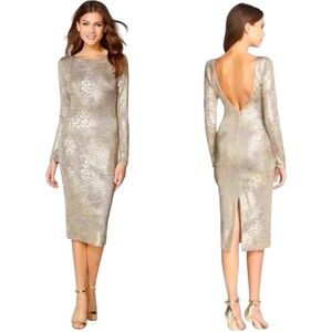 Dress the Population Backless Animal Print Body Con Long Sleeve Midi Dress 0107